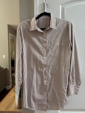 Women’s Brown and White Striped Button-Up Shirt